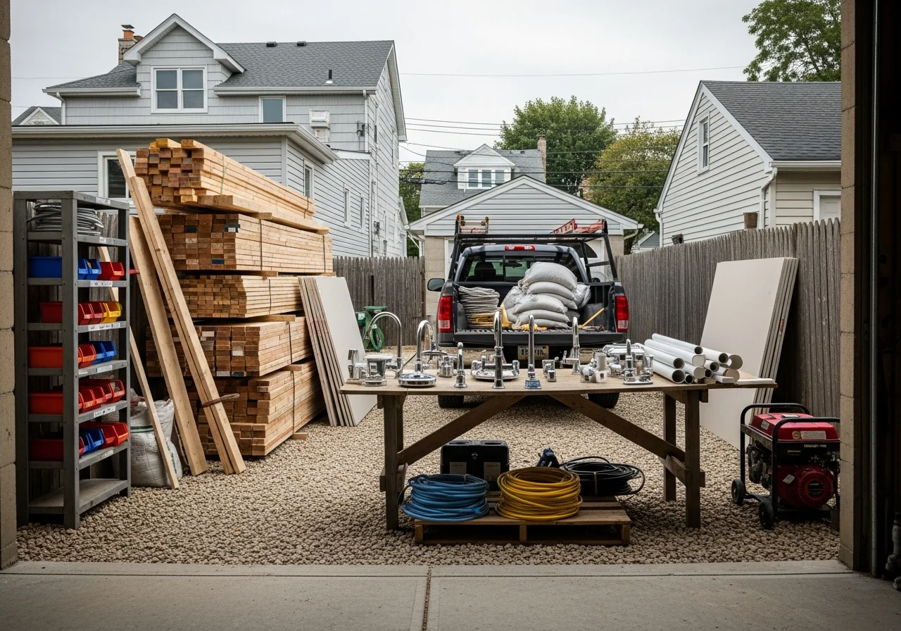Construction crew and tools on a residential job site, ready for renovation work.