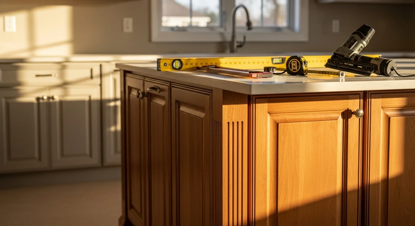 Carpenter installing custom cabinetry in residential kitchen