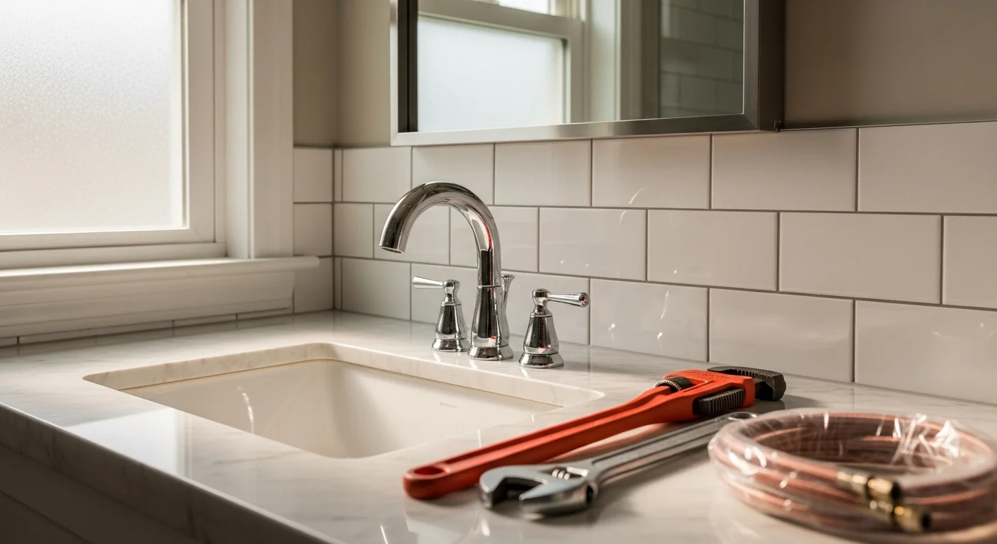 Plumber installing new fixtures in residential bathroom