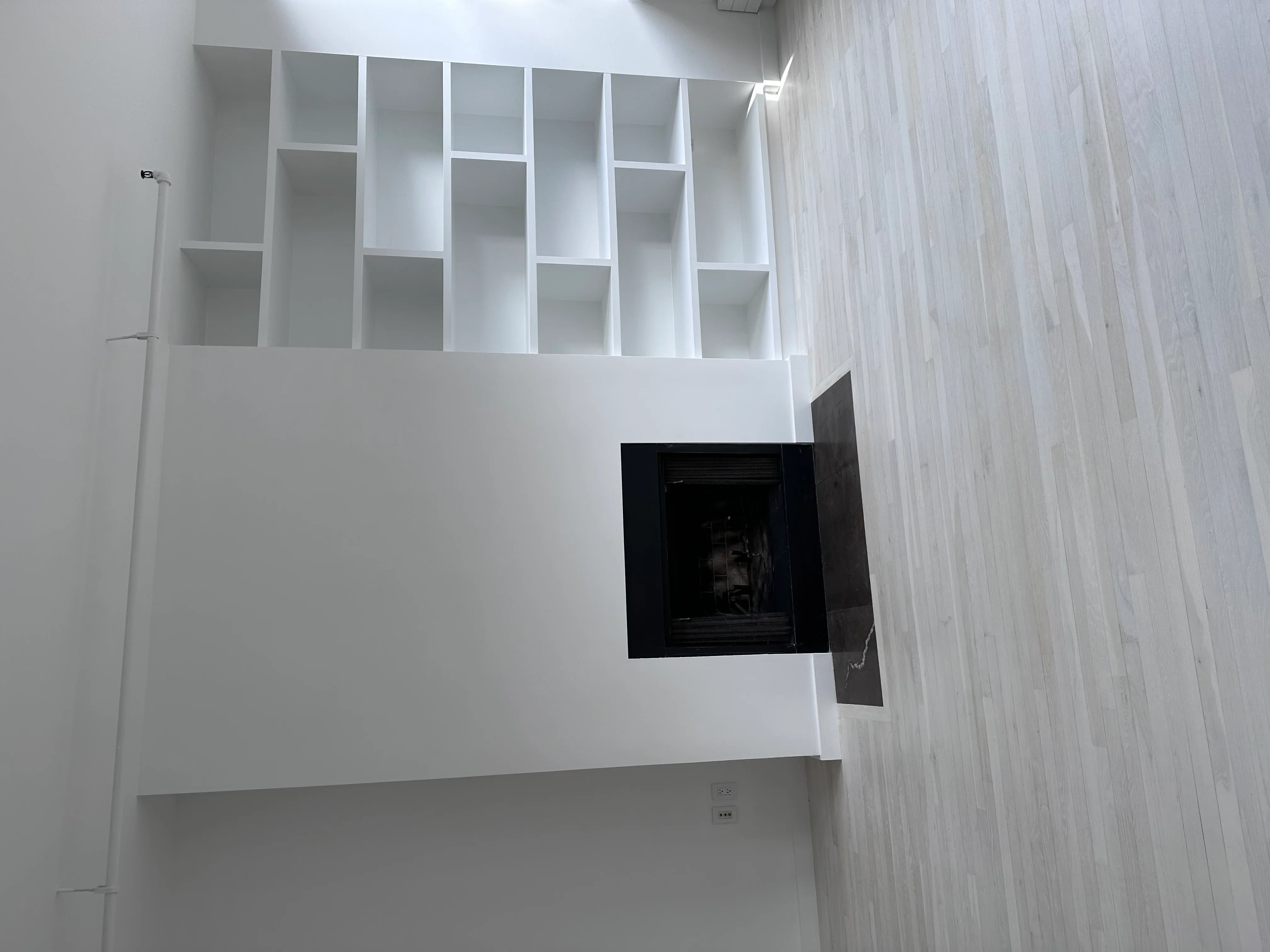 White built-in shelving unit with fireplace insert in modern interior