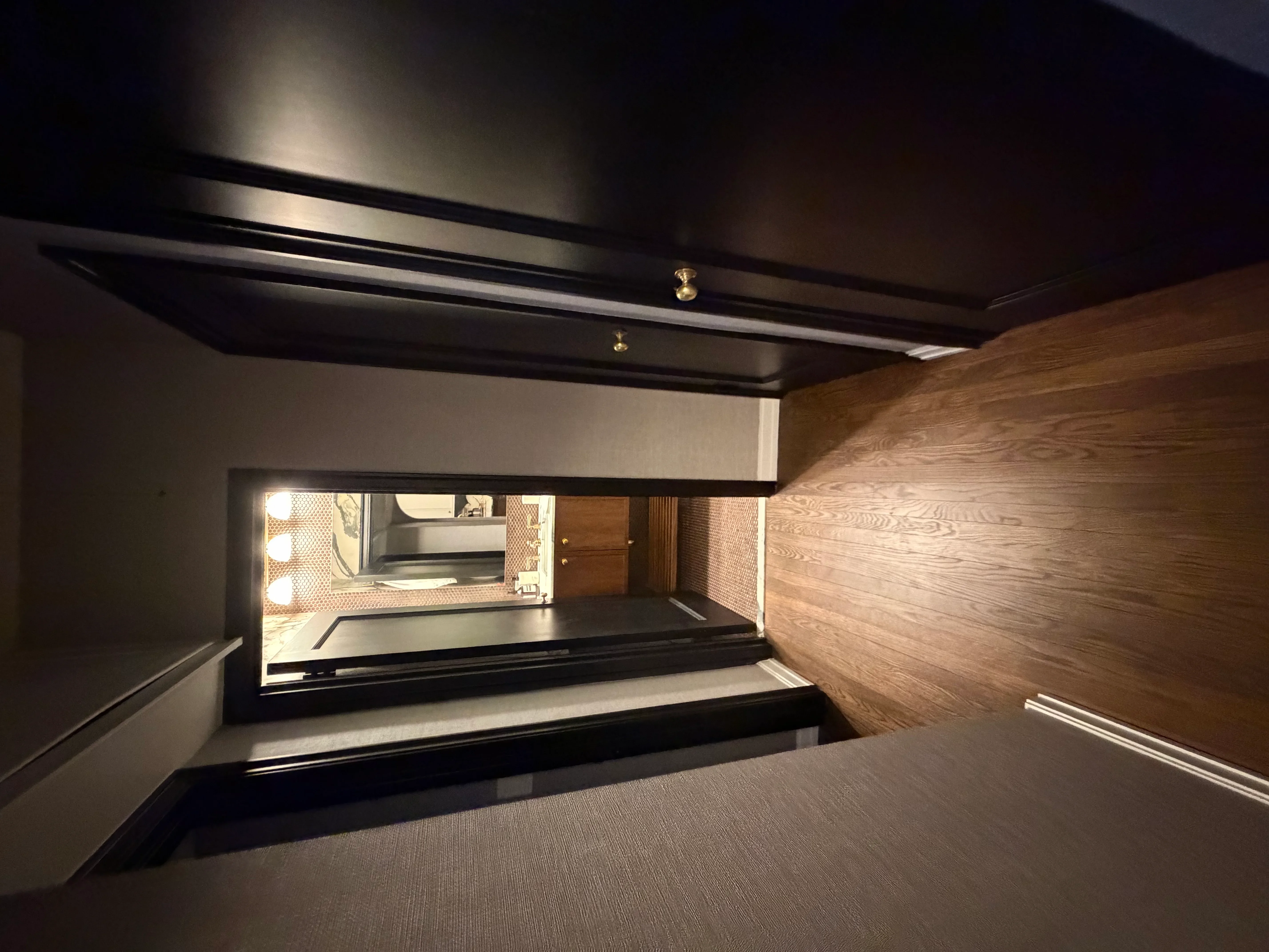 Modern retail display case with black frame, LED lighting, and wood wall paneling