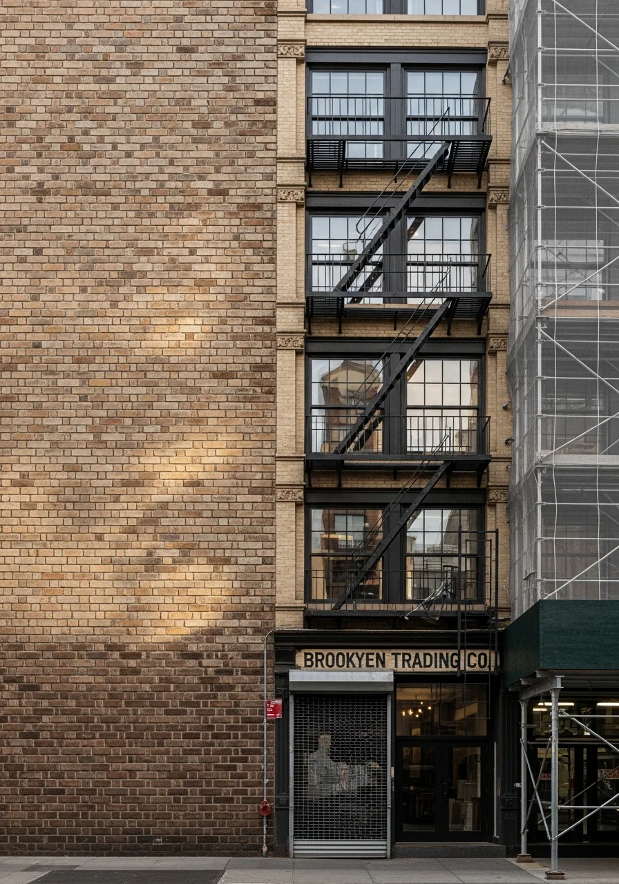 Interior view of a renovated Brooklyn loft space with exposed brick walls and large industrial-style windows.