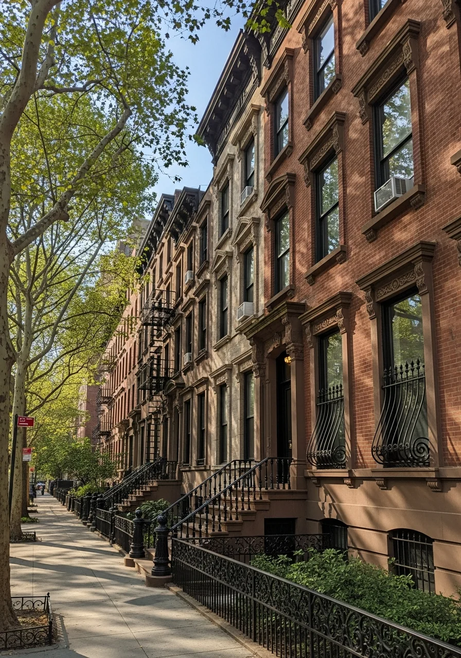 Exterior view of a Manhattan brownstone building facade on a tree-lined street in a residential neighborhood.