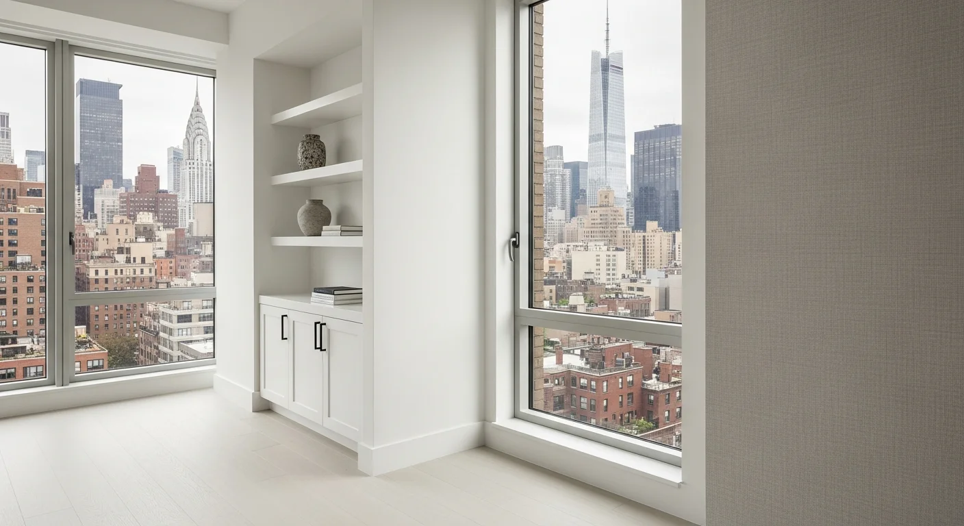 Modern Manhattan apartment interior with floor-to-ceiling windows overlooking the city skyline, showing contemporary finishes and natural light.