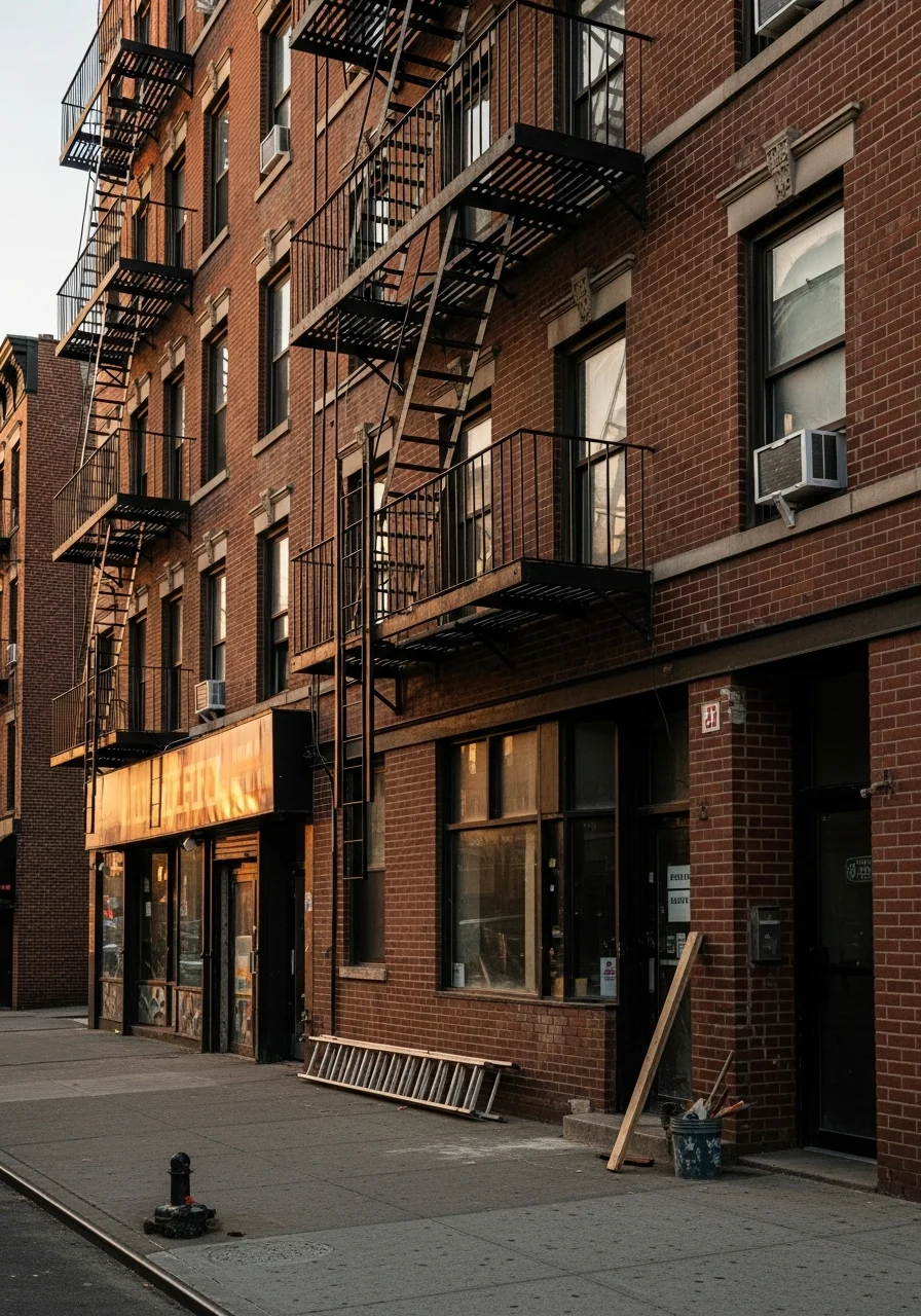 Multi-unit apartment building in Queens with brick facade and street-level storefronts.