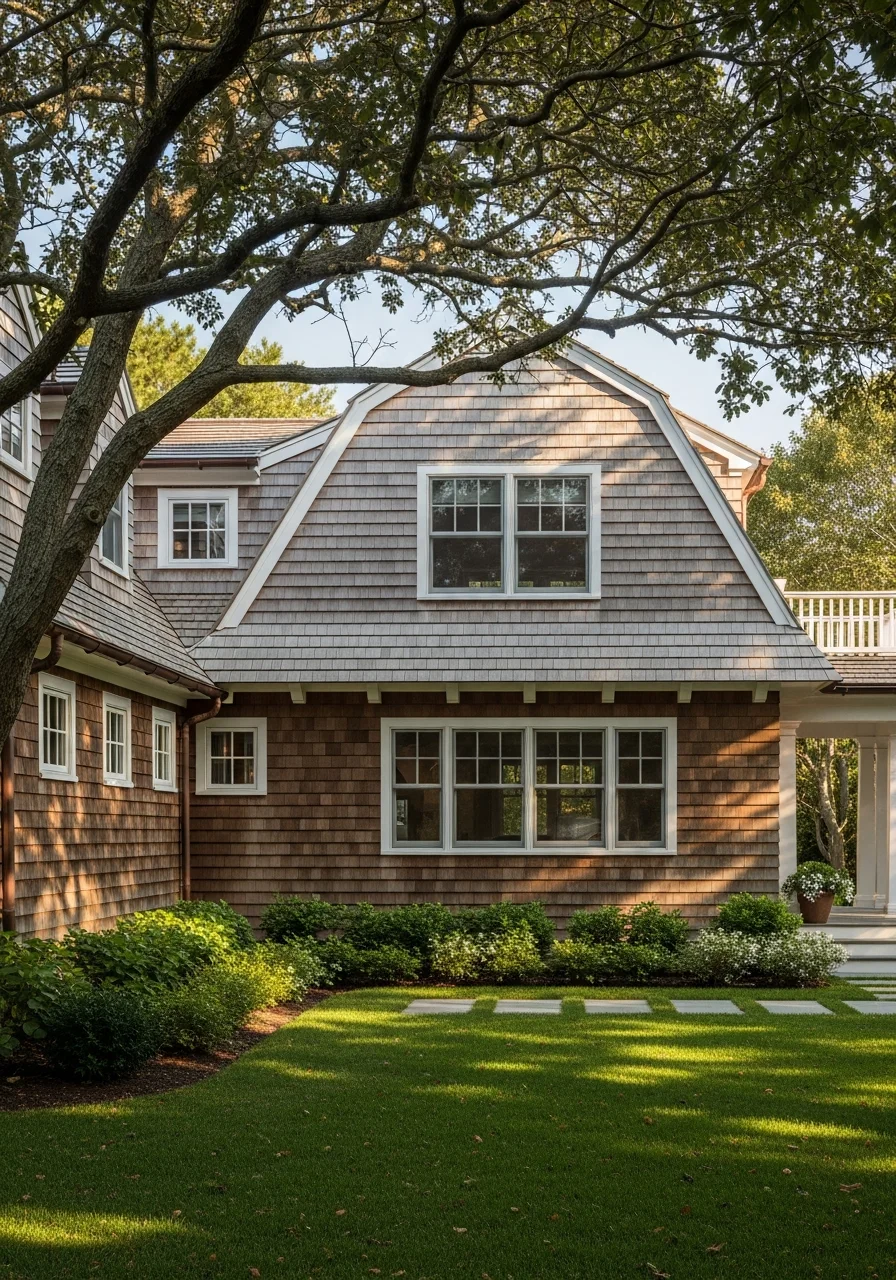 West Hamptons beach cottage exterior with traditional coastal architecture and mature trees.
