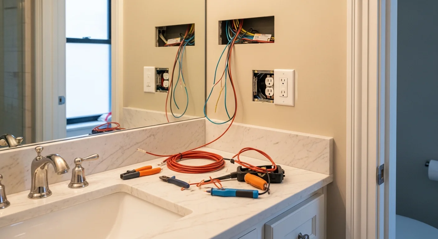 A licensed electrician from Trimoco LLC installing a vanity light fixture above a bathroom mirror in a Manhattan apartment. The finished installation shows a clean wall-mounted fixture with visible switch and properly finished wiring connections.