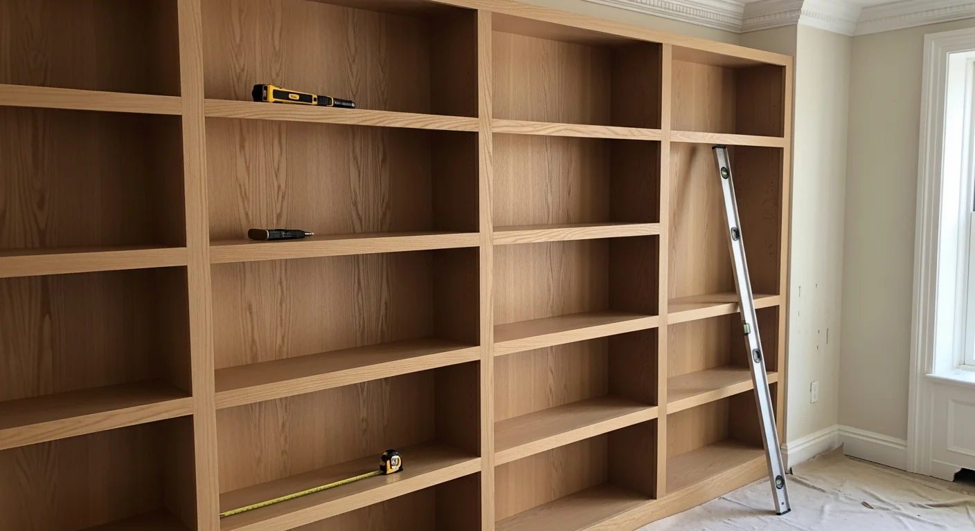 Finished floor-to-ceiling built-in shelving unit installed along the wall of a Manhattan apartment living room. The shelving fits wall to wall with clean lines and visible wood grain, styled with books and small objects.