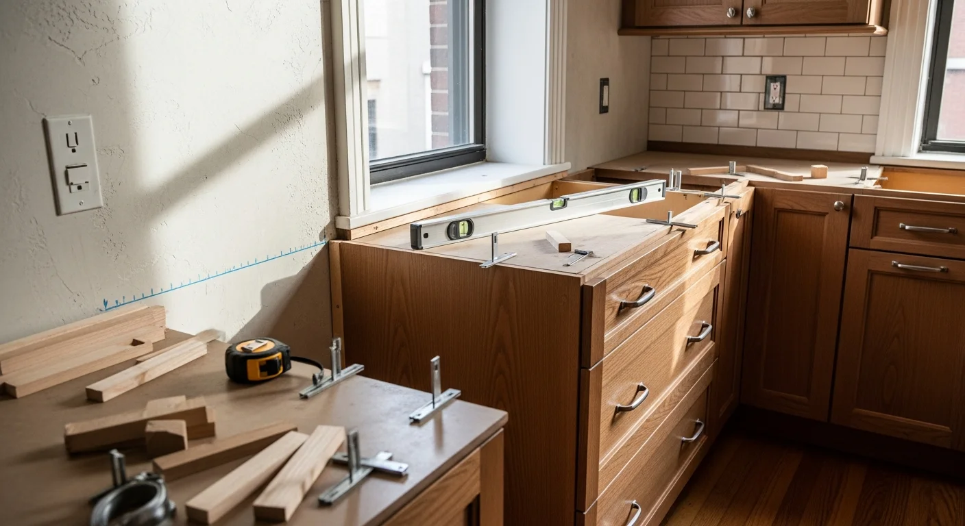 Newly installed custom wood cabinets fitted floor-to-ceiling in a compact Manhattan apartment kitchen, with aligned doors and no visible gaps at the walls or ceiling. Trimoco LLC carpentry work in a Manhattan co-op building.