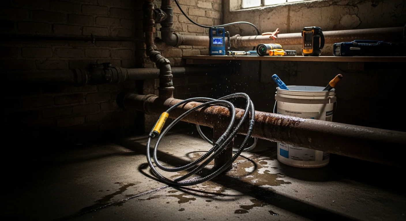 A plumber using a drain snake to clear a clogged cast iron drain line inside a pre-war Manhattan apartment building. The pipe access point is open at floor level in a tiled bathroom, showing the interior of an aging drain stack.