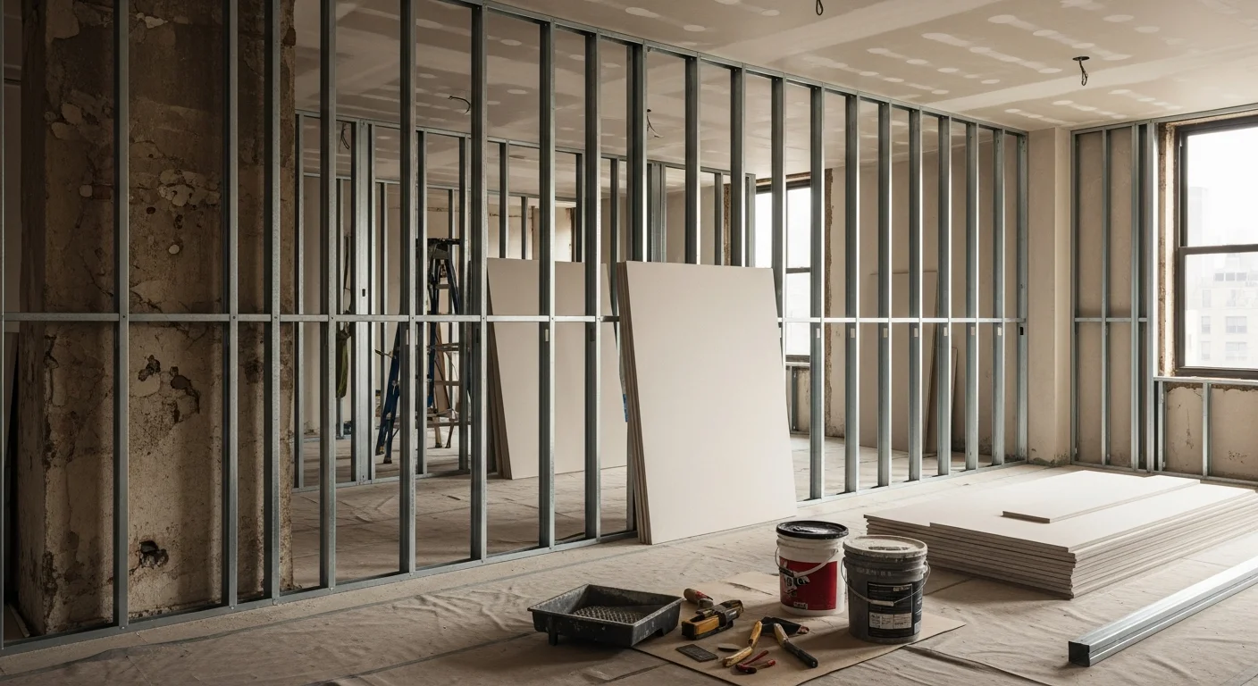 A Manhattan apartment interior showing freshly framed partition walls with new drywall hung and taped, ready for paint. The room has clean corner bead and smooth joint compound applied across all seams.