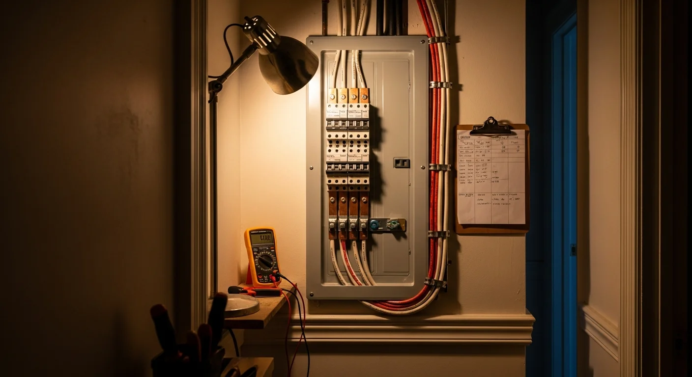A licensed electrician from Trimoco LLC inspecting a newly installed residential electrical panel inside a Manhattan apartment. The panel is mounted on a utility closet wall with clearly labeled circuit breakers and modern wiring connections.