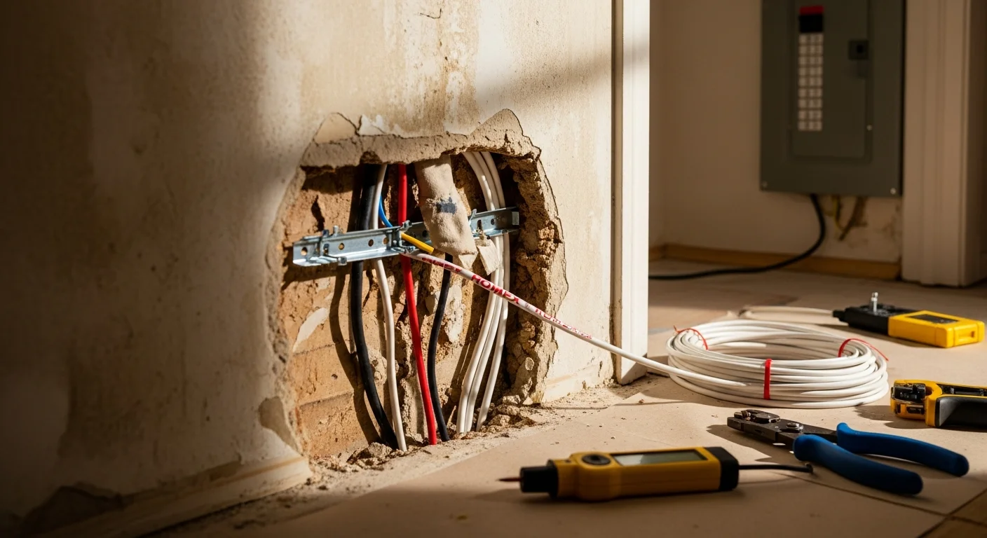 A licensed electrician routing new wiring through conduit inside a Manhattan apartment during a residential wiring installation. Exposed wall cavity shows updated circuit runs being installed in a pre-war building.