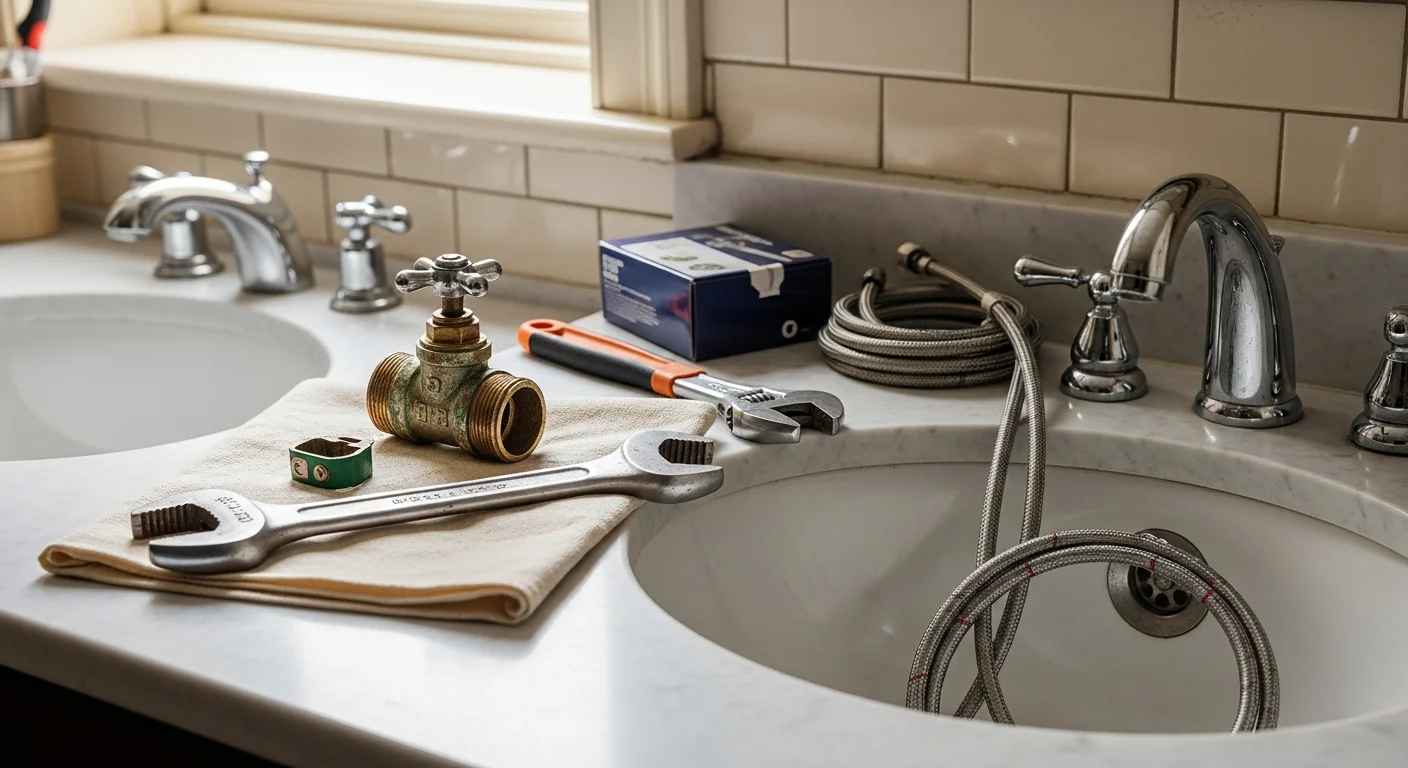 A newly installed bathroom sink and faucet in a Manhattan apartment, with clean supply line connections and a finished wall behind the basin. The surrounding tile and cabinetry show a compact urban bathroom layout typical of older Manhattan residential buildings.