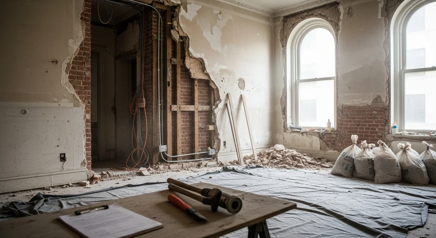 Interior demolition in progress inside a Manhattan apartment, with plaster walls stripped back to the framing and flooring removed down to the subfloor. A cleared residential space ready for renovation work in a pre-war Manhattan building.