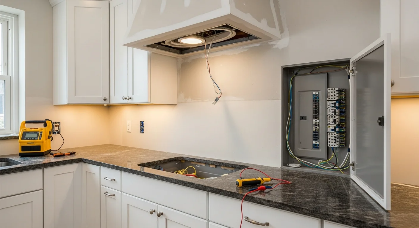 A Manhattan apartment kitchen with newly installed recessed ceiling lights and under-cabinet lighting illuminating the countertops and cooking area. The fixtures are flush-mounted and evenly spaced across a compact kitchen ceiling.
