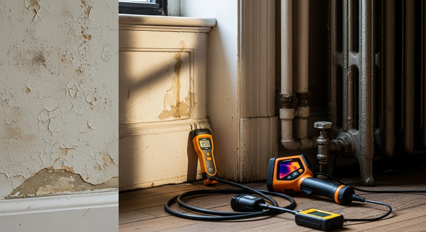 A licensed plumber from Trimoco LLC using a moisture detection tool on a wall inside a Manhattan apartment. The image shows the plumber identifying a hidden pipe leak behind finished drywall in a multifamily building.