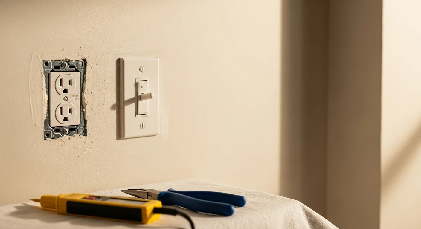 A licensed electrician installing a new electrical outlet inside a Manhattan apartment, with clean wall work and a properly seated receptacle plate. The building interior shows pre-war construction details typical of older Manhattan residential properties.