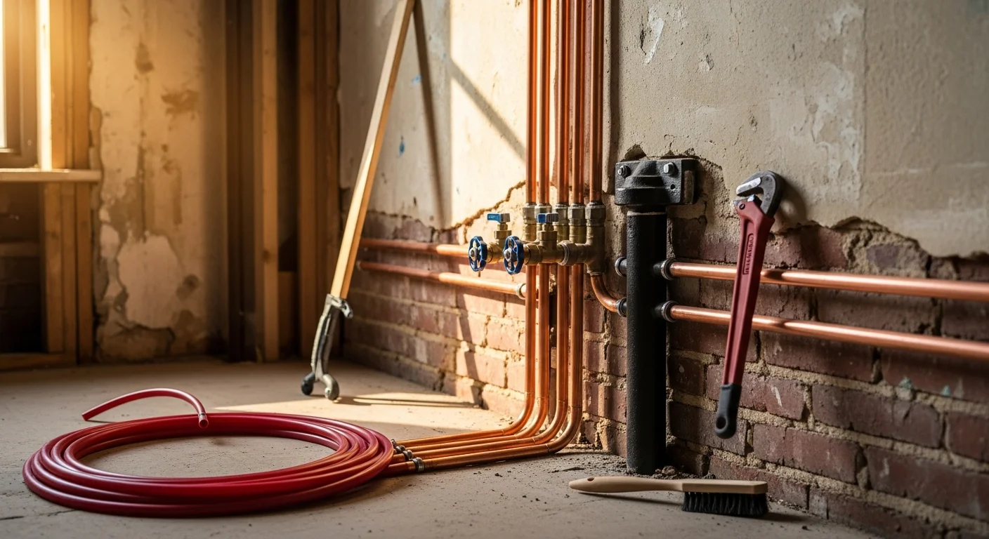 A licensed plumber installing new water supply and drain lines inside a Manhattan apartment during a bathroom renovation. Exposed wall framing shows copper piping connections being fitted to existing risers in a pre-war building.