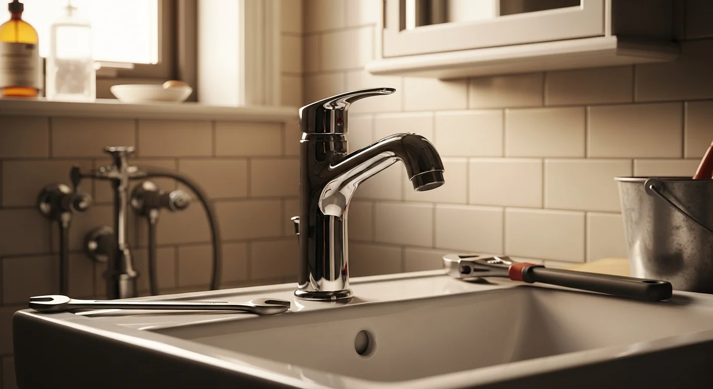 A newly installed stainless kitchen sink with a single-handle faucet in a Manhattan apartment, showing clean supply line connections and a finished drain assembly under the cabinet.