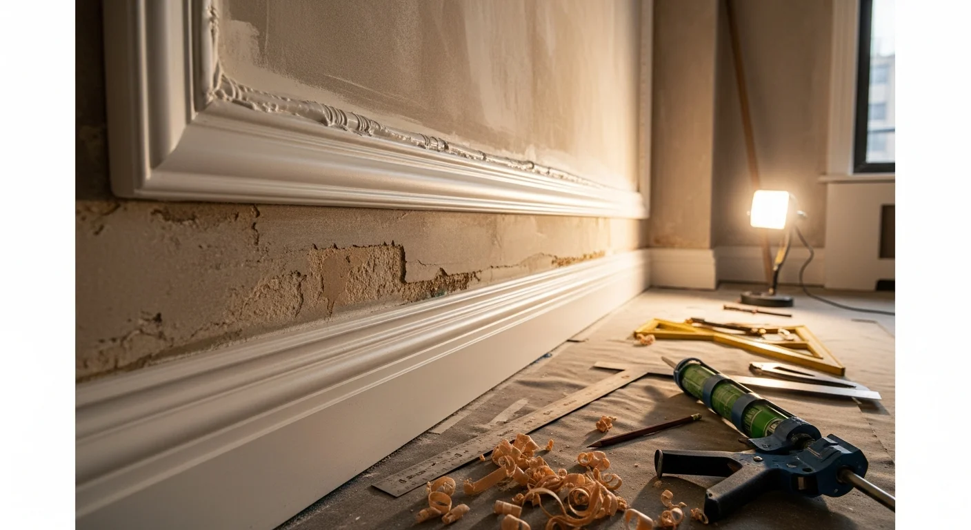 Freshly installed crown molding and baseboards in a Manhattan pre-war apartment, showing tight corner joints and clean paint-ready surfaces. A carpenter from Trimoco LLC fits a casing around a doorway in a co-op unit with plaster walls.